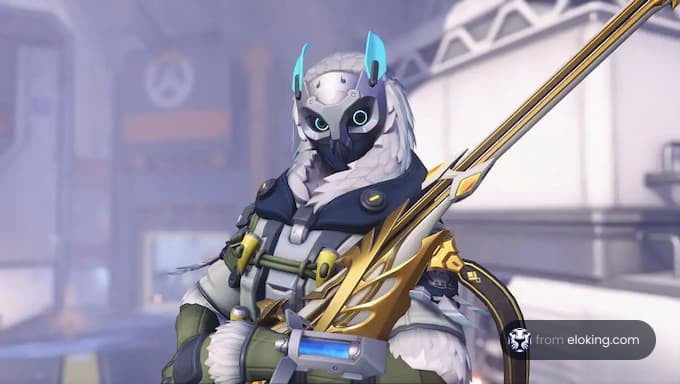 A winter-themed owl character in Overwatch with a golden sword.