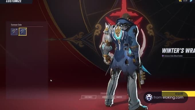 A character wearing a Winter's Wrap costume in a customization menu.