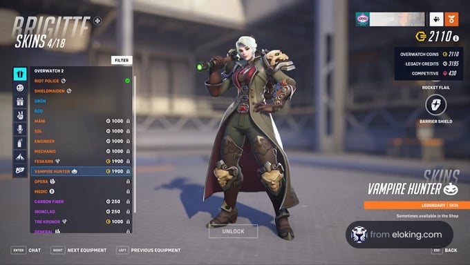 Brigitte in Vampire Hunter skin in Overwatch 2 game interface