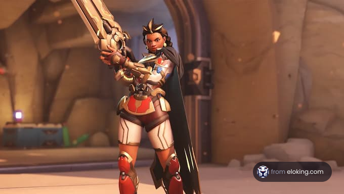 An Overwatch character striking an action pose with a weapon.