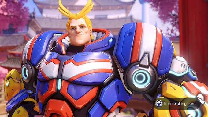 A powerful character in a colorful cosplay suit from a popular video game.