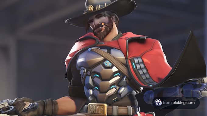 A character from Overwatch in a striking pose with a cowboy hat.