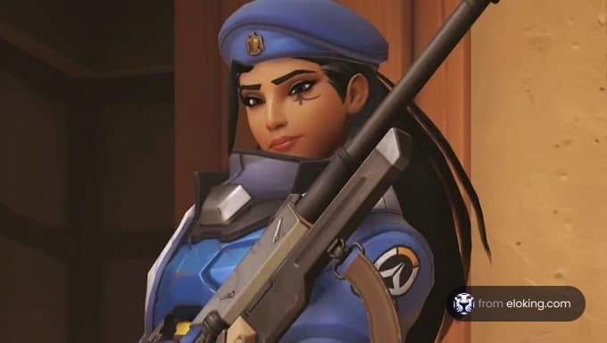 An Overwatch character in blue attire holding a weapon.
