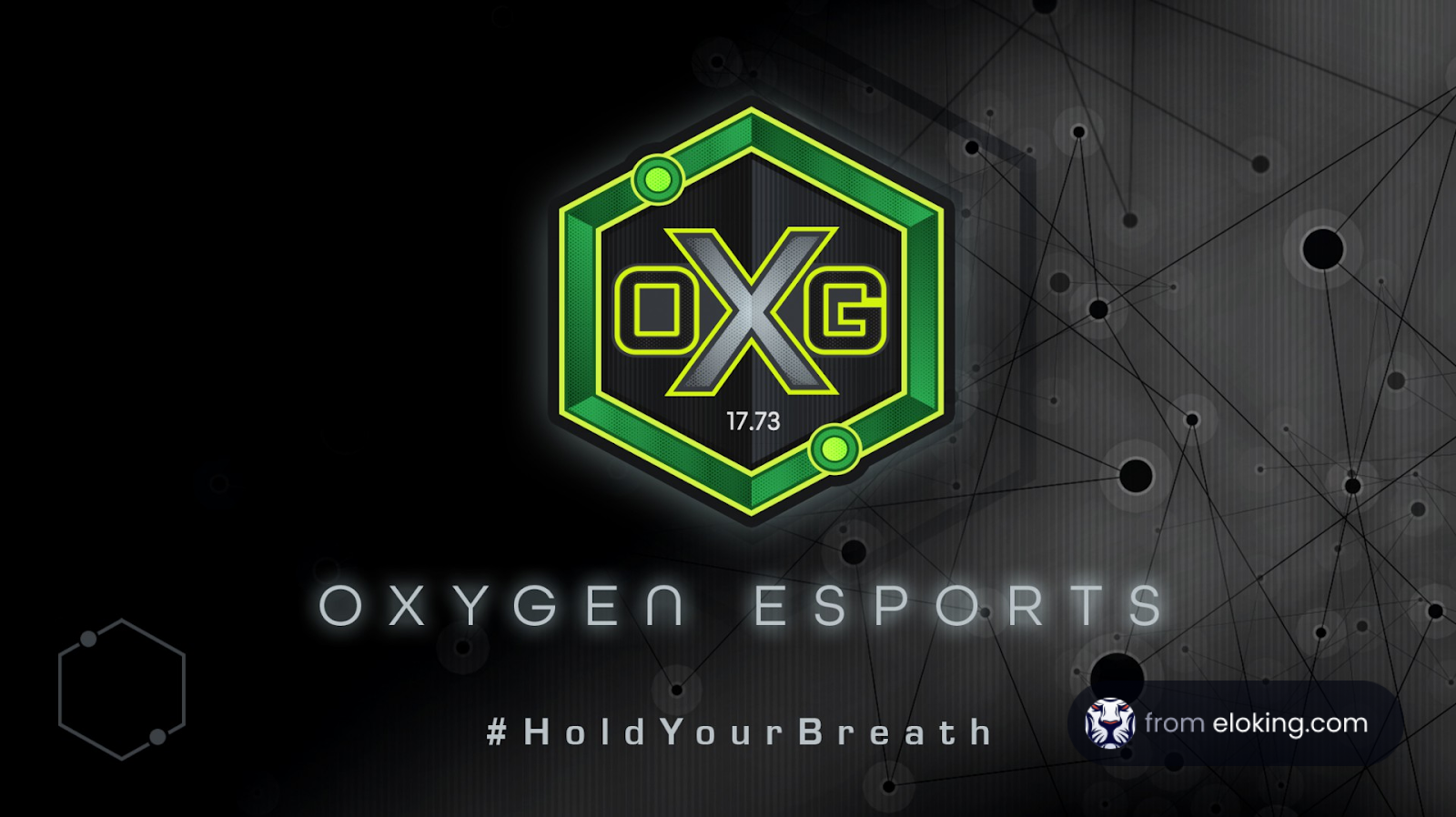 Graphic visual of Oxygen Esports logo with a green hexagon and futuristic background