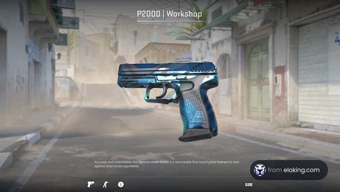 P2000 Workshop blue handgun on a deserted street