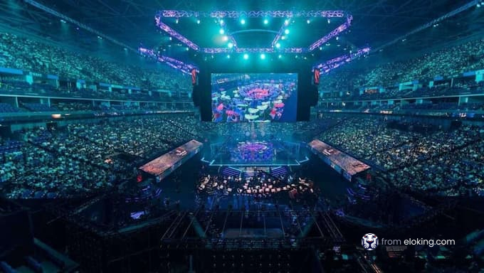 Large crowd at a concert with blue lighting in a stadium