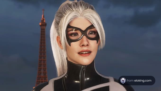 A stylish superhero character with long white hair and a mask, set against the backdrop of the Eiffel Tower.