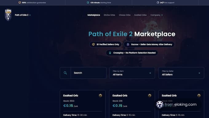 Path of Exile 2 marketplace featuring Exalted Orbs for sale