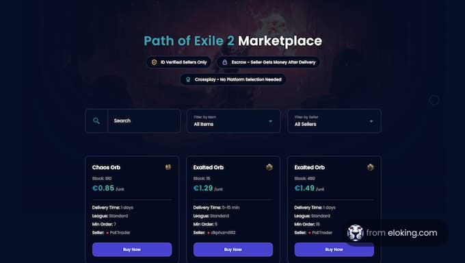 Path of Exile 2 Marketplace showcasing various items for sale