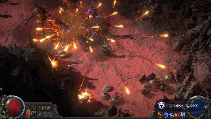 A thrilling action scene from the game Path of Exile with explosions and characters in combat.