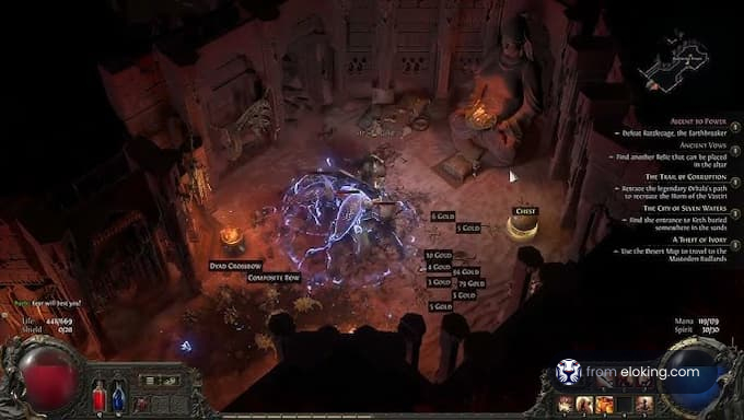 A dynamic battle scene in Path of Exile featuring glowing skills and loot.