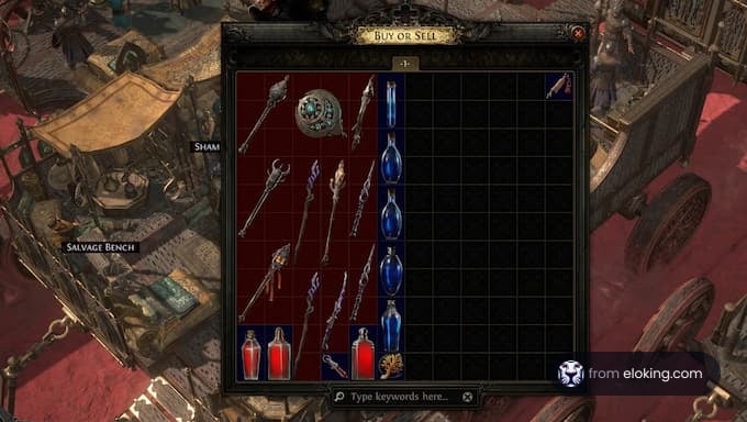 Path of Exile buy or sell items screen with various weapons and potions.