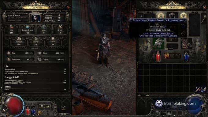 Character inventory in Path of Exile with gloves of rejuvenation