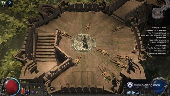 Aerial view of a gameplay scene in Path of Exile featuring multiple characters.