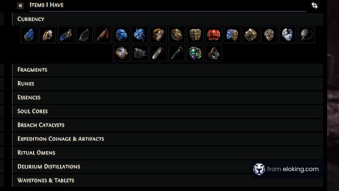 Items I have in Path of Exile including currency, fragments, and more.