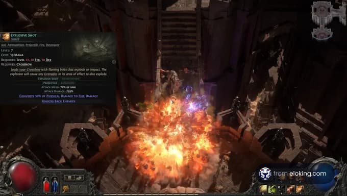 Explosive Shot skill attack in Path of Exile with vibrant explosion.