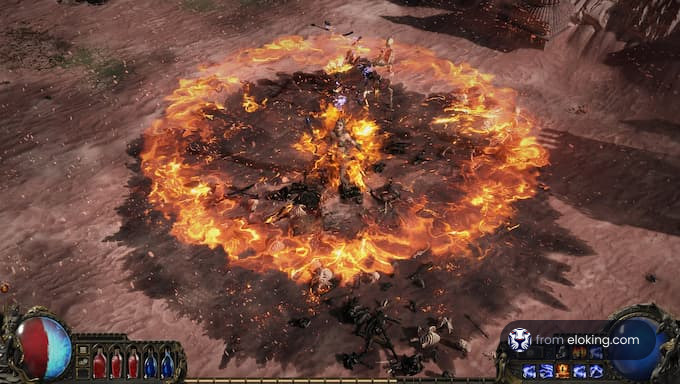 A fiery circle surrounded by characters in an action scene from a fantasy game.