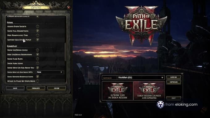 Path of Exile game options menu showing various settings