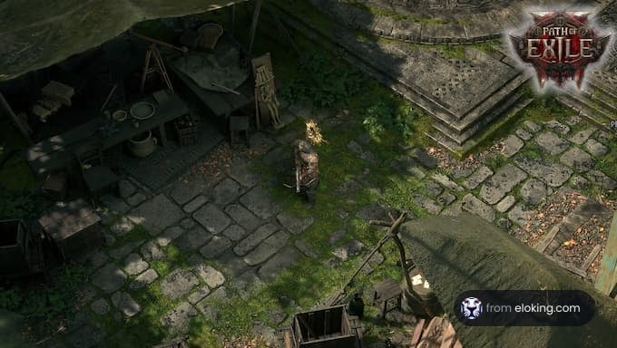 A character standing in a rustic environment in the game Path of Exile.