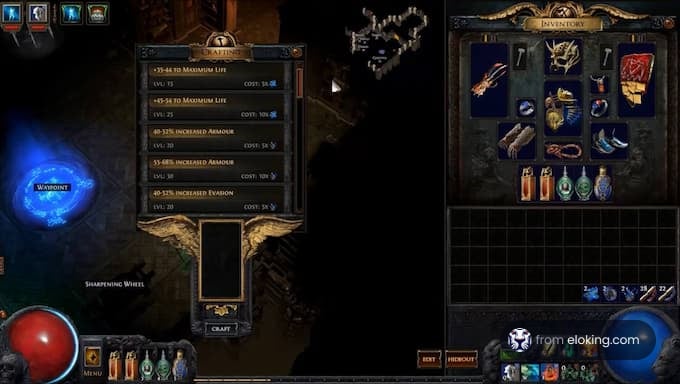 Inventory interface showing crafting options in Path of Exile