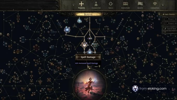 Arbre de comp&eacute;tences passives de Path of Exile avec informations sur les d&eacute;g&acirc;ts de sort