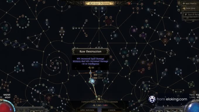 Skill tree showing Raw Destruction with increased spell damage and intelligence boost.