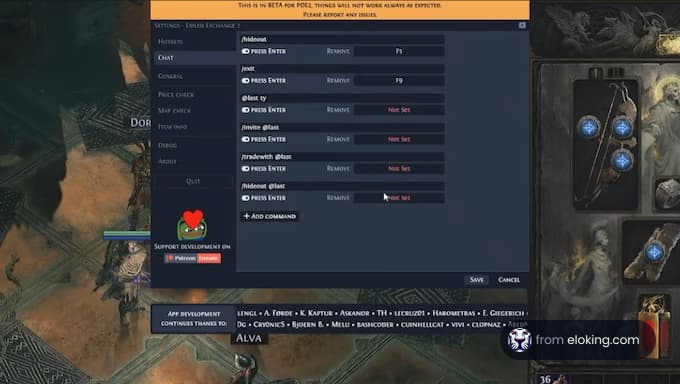 Path of Exile settings menu screen showing key bindings and chat options.