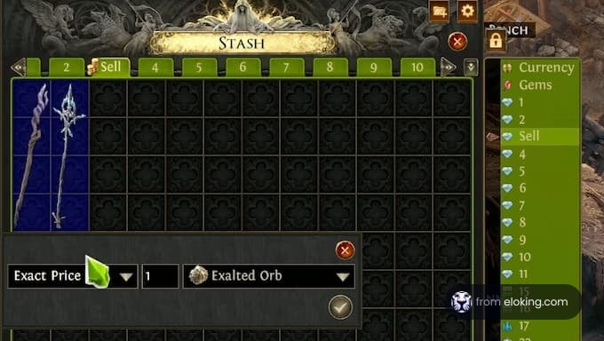 Stash management interface in Path of Exile showing items for sale and currency details.