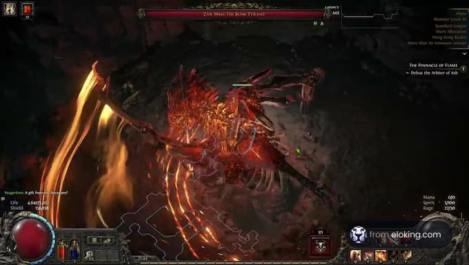 An intense battle against Zak Wulthe, the Bone Tyrant in Path of Exile.