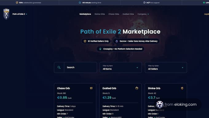 Path of Exile 2 Marketplace showing various items and prices