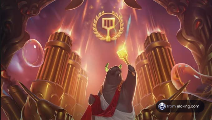 Penguin character holding a glowing sword in a mystical temple with golden pillars