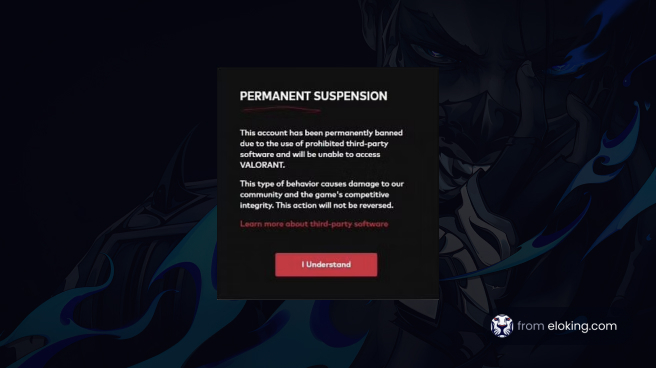 Screenshot of a permanent suspension notification in the game VALORANT