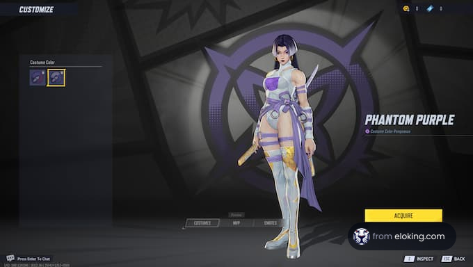 Character customization in Phantom Purple.