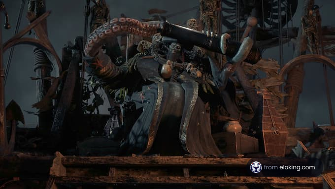 A pirate captain with an octopus and skeleton elements in a dark setting.