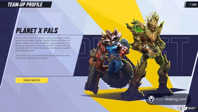 Planet X Pals team-up profile featuring a raccoon and a tree-like character