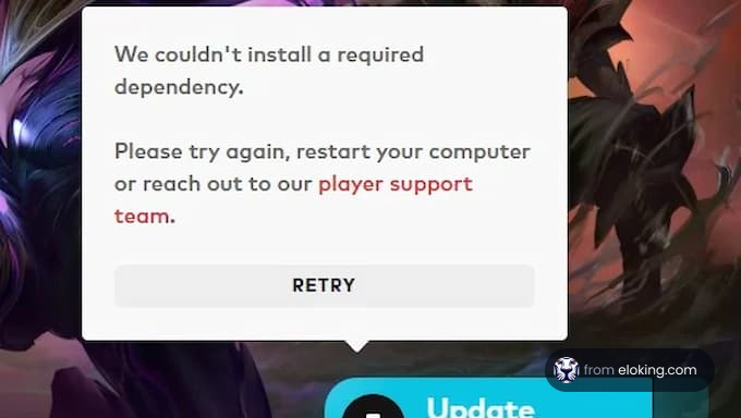 Error message indicating a required dependency could not be installed, with instructions to retry or contact support.