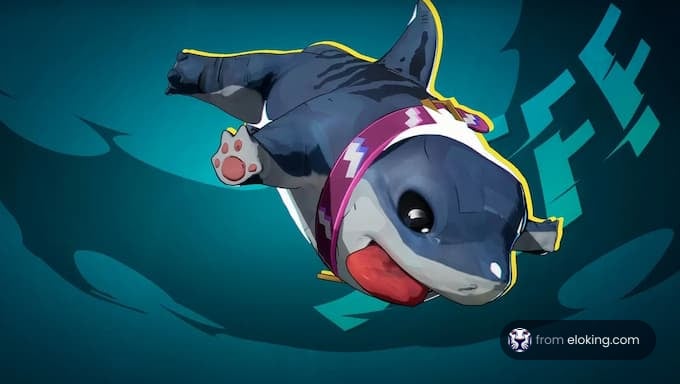 A playful swimming dog character with a colorful collar.