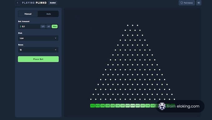 Acebet Plinko game interface showing 16-row pyramid, betting controls, risk levels, provably fair settings, and payout multipliers on a dark-themed crypto casino platform.