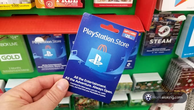 Hand holding a PlayStation Store gift card in front of a display rack