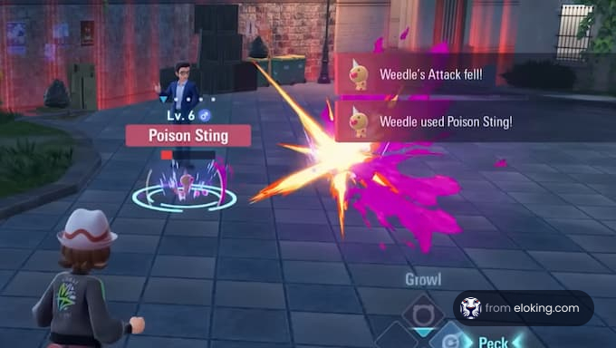 Une scène de bataille Pokémon mettant en vedette Weedle utilisant Poison Sting.