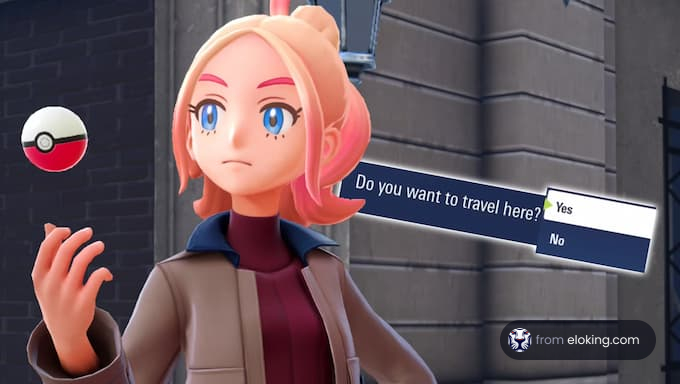 Eine Figur mit einem Pokeball fragt: 'Möchtest du hierher reisen?'