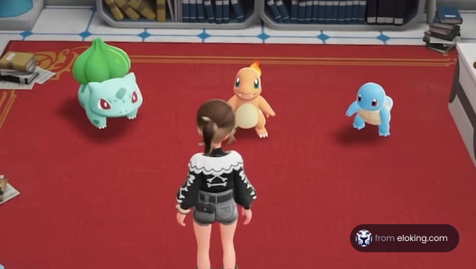 Un personaje interactuando con Pokémon en una habitación.