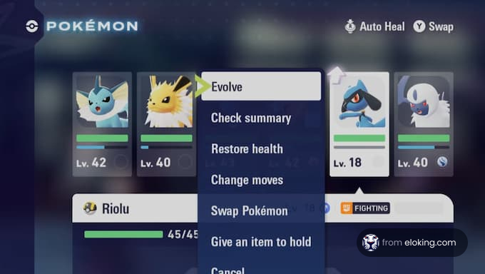 A screenshot showing the Pokémon evolution menu in a game.