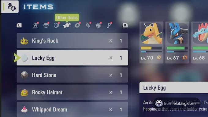 Element Jajko Szczęścia w menu gry Pokémon
