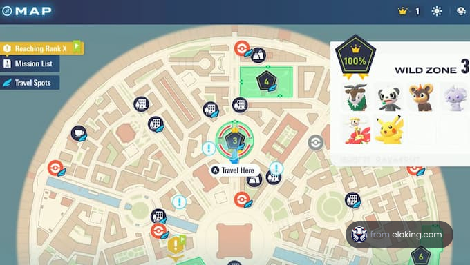 Map showing wild zone with various Pokémon locations.