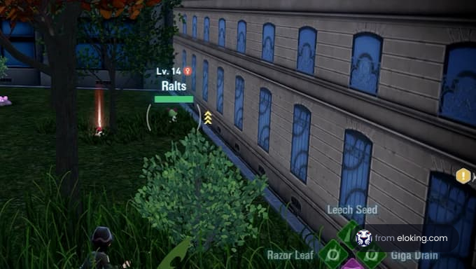 Ein junger Ralts in einer Spielszene mit üppigem Grün.