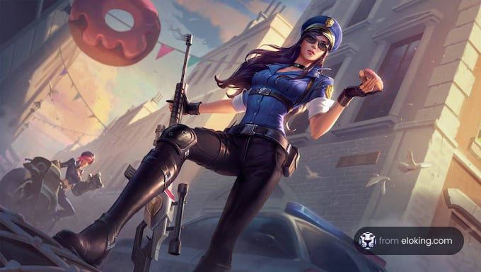 Anime style policewoman in action, striking a dynamic pose in a cityscape