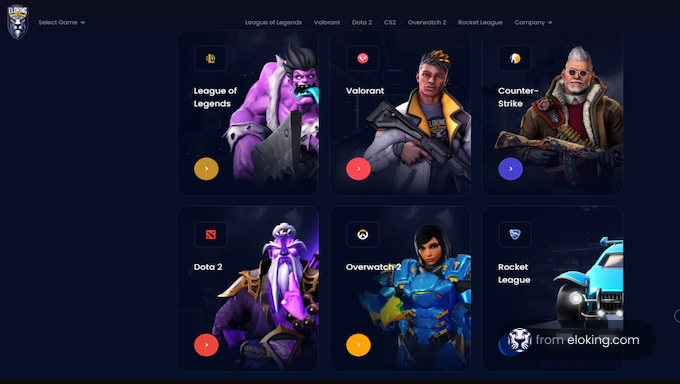 Interface displaying selection of popular video games including League of Legends, Valorant, Counter-Strike, Dota 2, Overwatch 2, and Rocket League