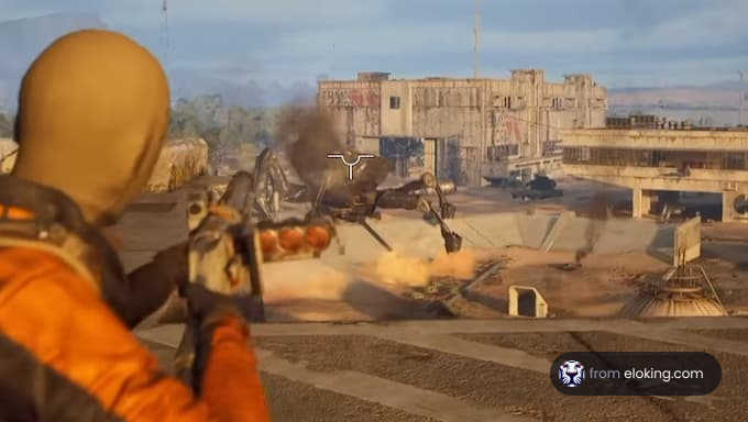 A character aiming a weapon in a post-apocalyptic setting with a damaged building and robotic enemies.