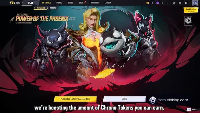 Power of the Phoenix Battlepass featuring characters and rewards.